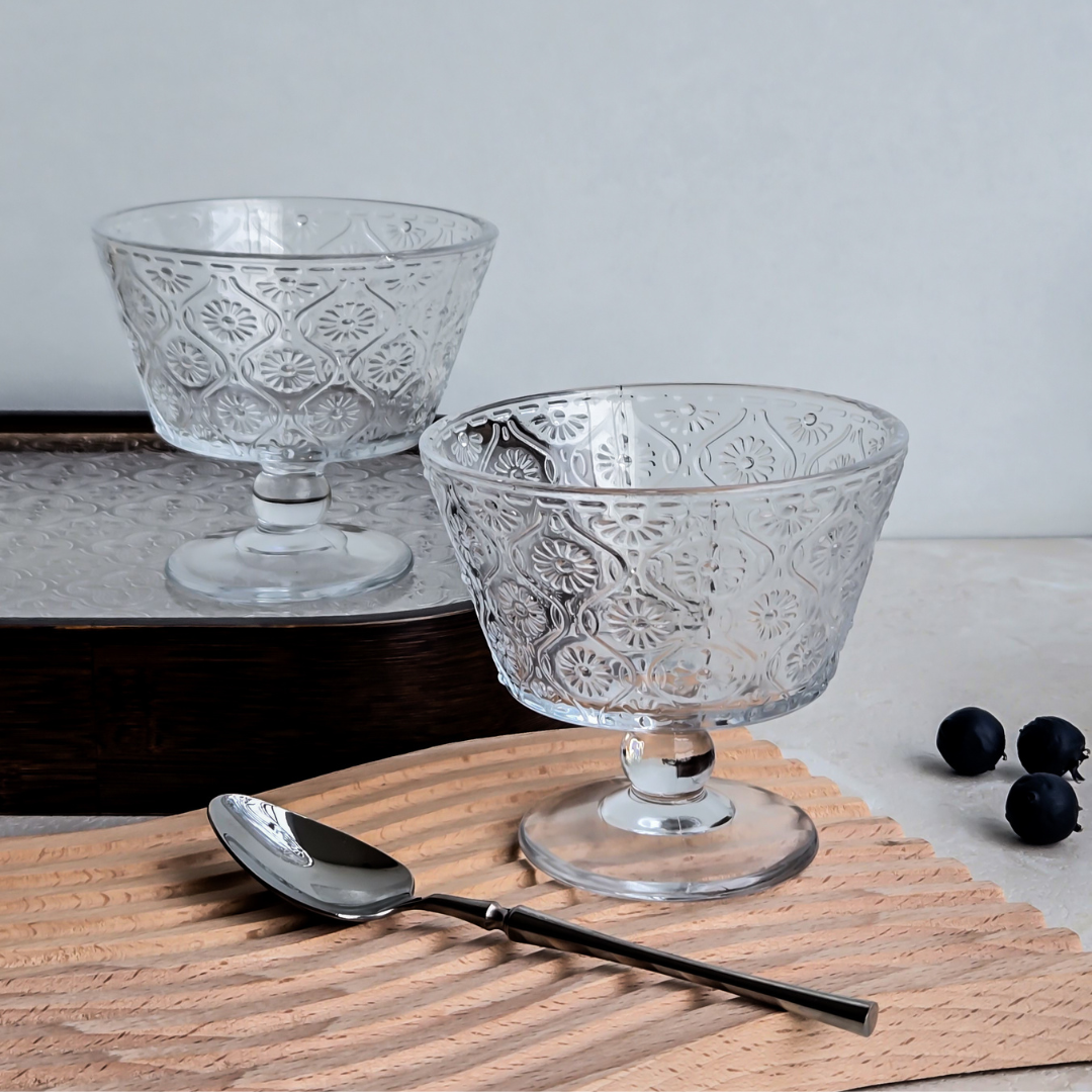 Set of 6 European beaded lead-free Glass ice cream bowls with pedestal base