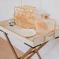 Elegant beige PU leather serving tray with gold detailing and folding stand