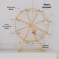 Gold ferris wheel tabletop stand with eight porcelain bowl holders and a small magnetic butterfly accent, shown on a white mantel with text callouts listing included items.
