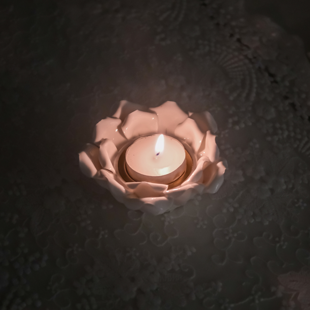 White ceramic lotus tea light holder for Diwali and festive décor