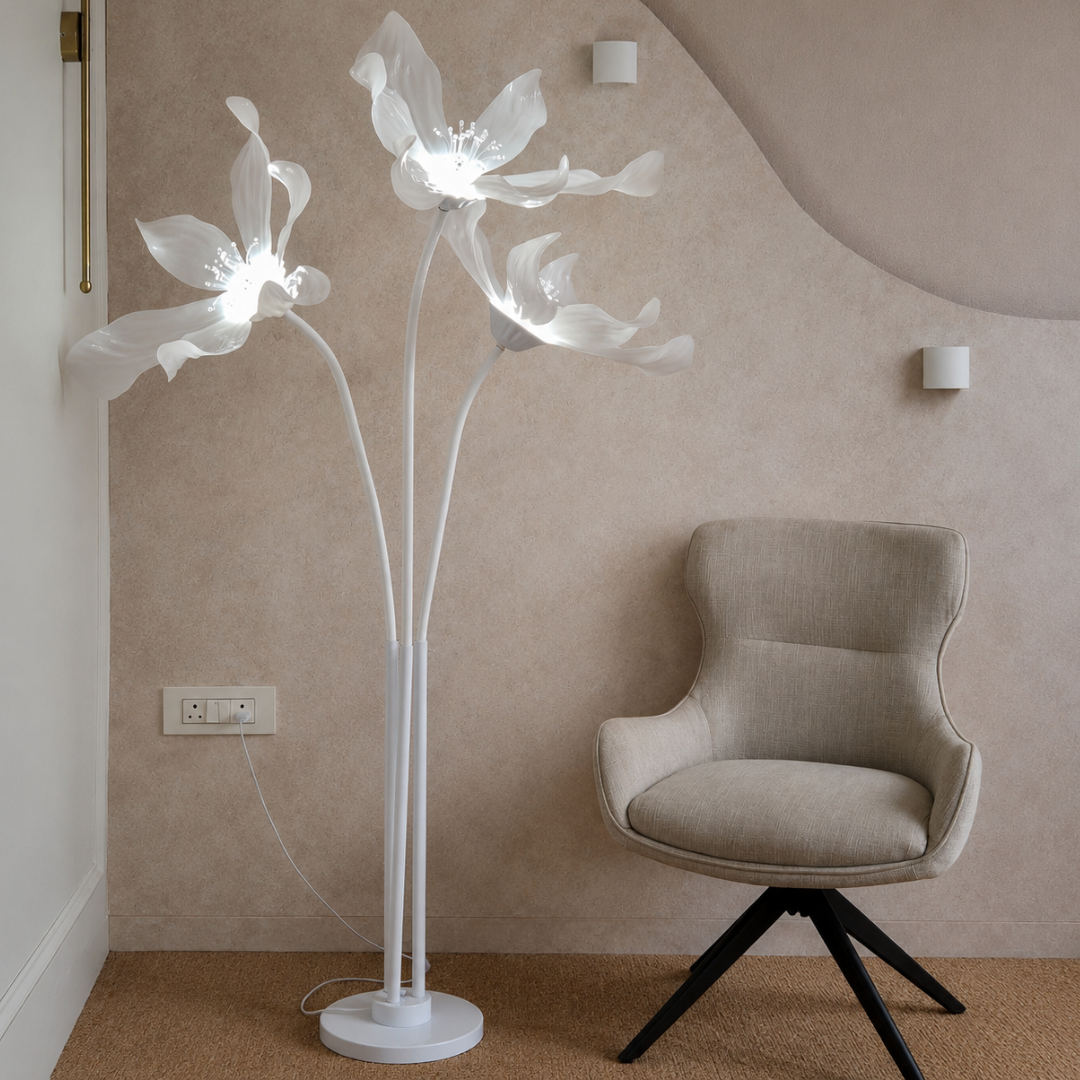 Artistic flower shaped floor lamp for bedroom and lounge lighting.
