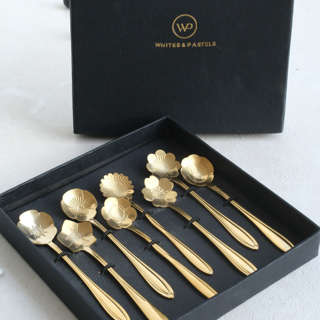 Set of 8 Gold Flower Dessert Spoons | Gift Box option