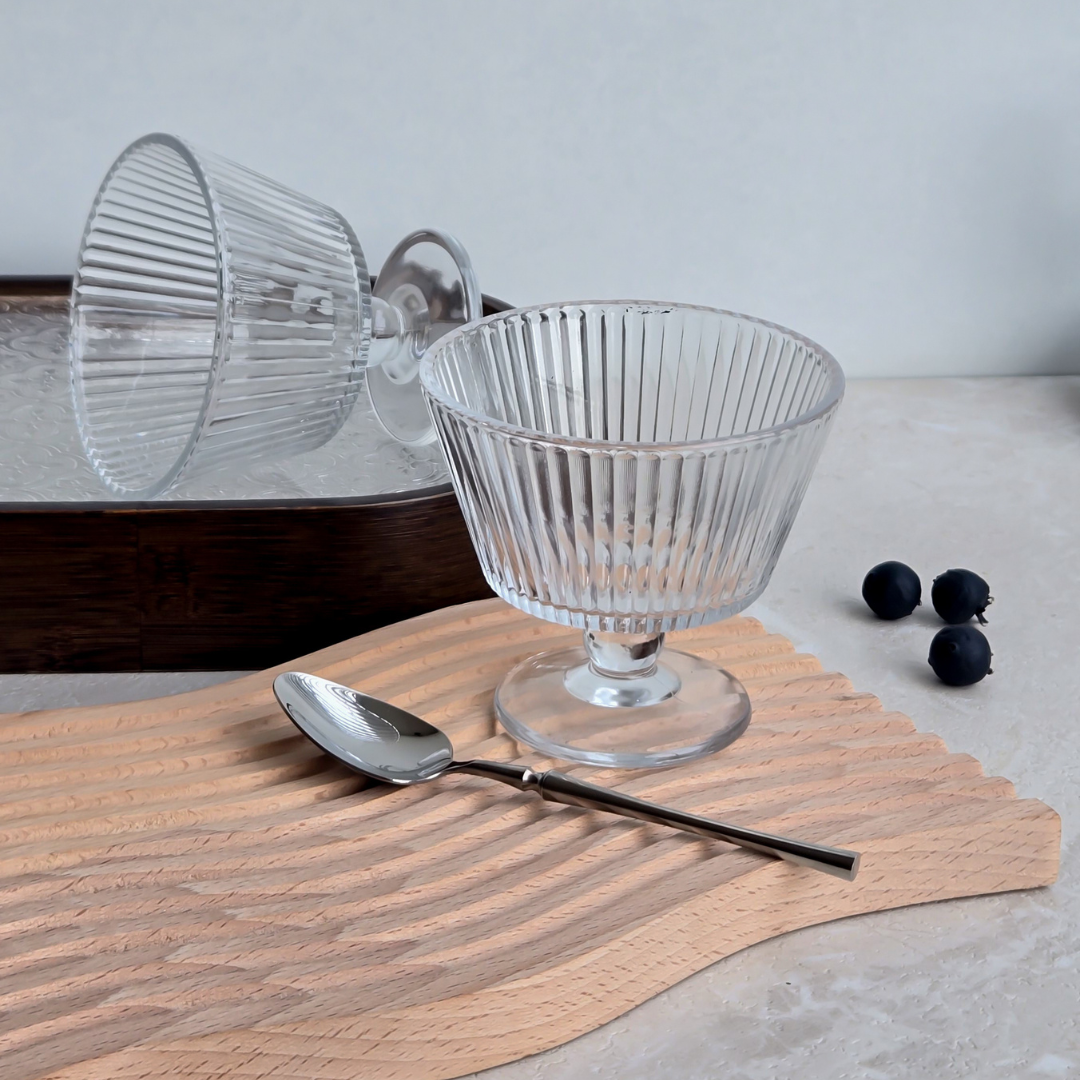 Fluted glass ice cream bowls perfect for sundaes and frozen desserts