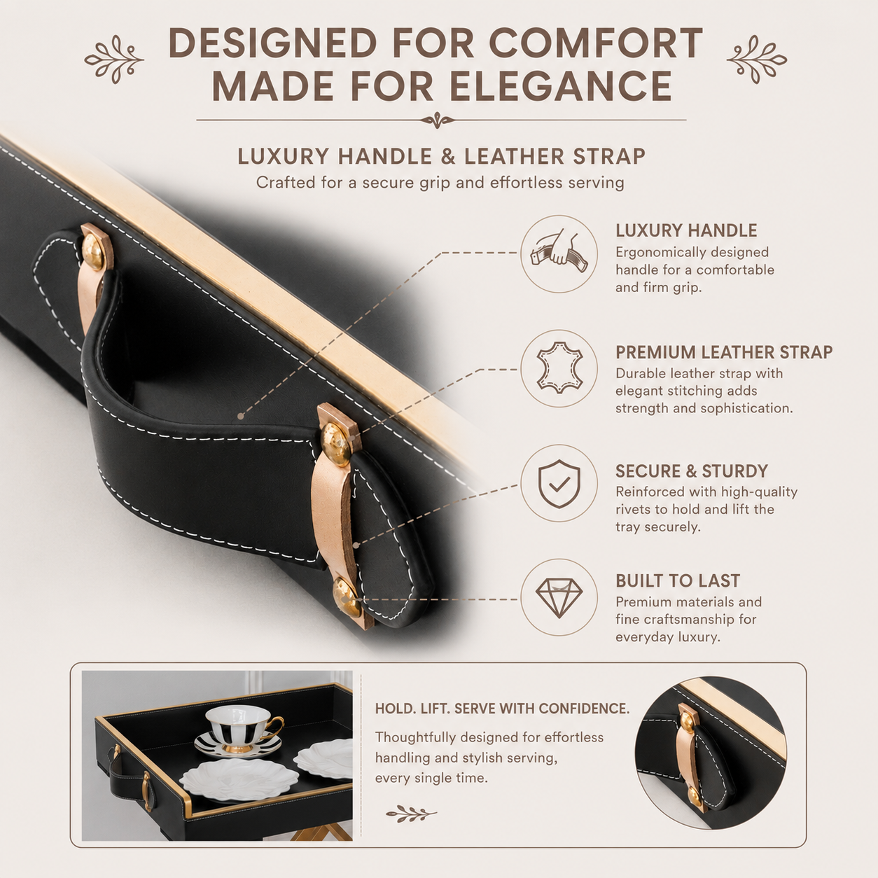 Luxury black serving tray with foldable stand ideal for breakfast, parties and elegant hosting