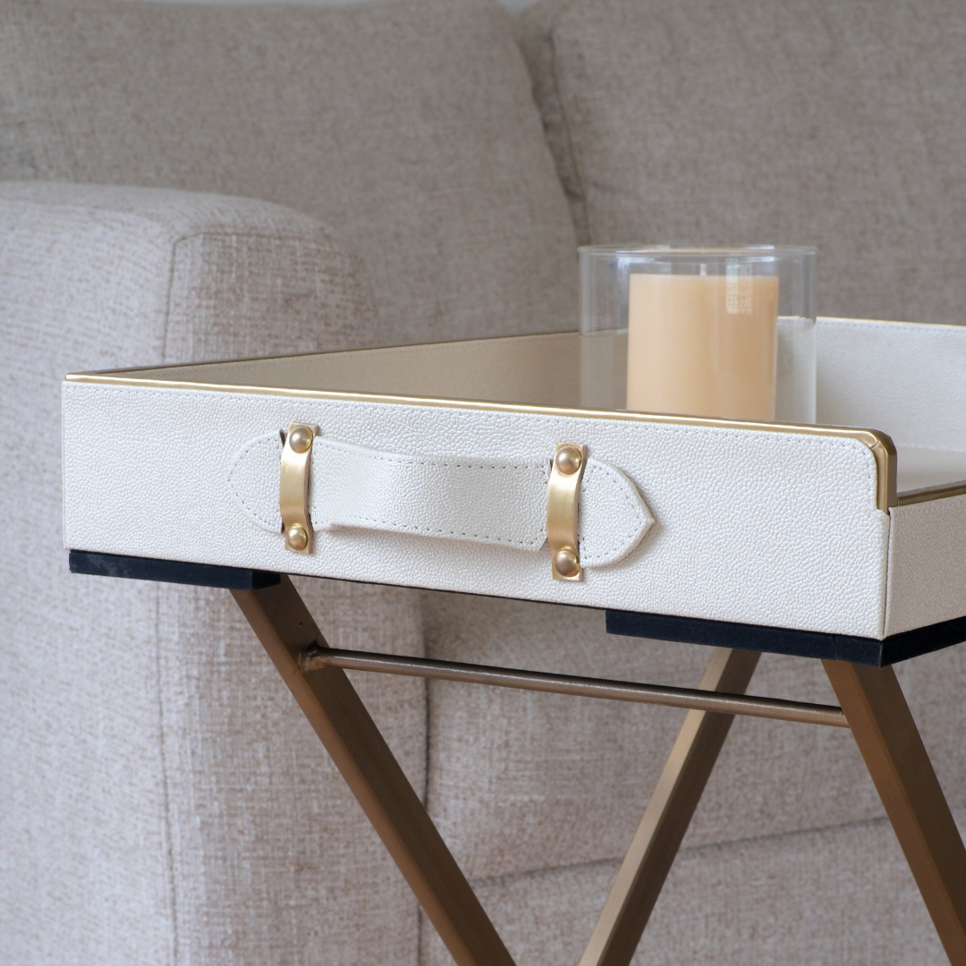White folding butler tray table for serving tea, coffee, meals and snacks