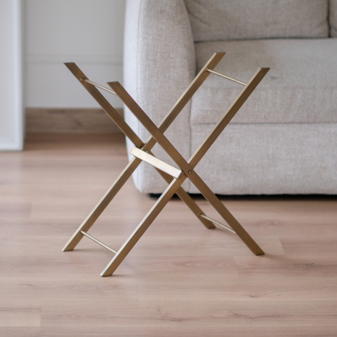 Durable folding metal stand designed for a premium removable butler serving tray.