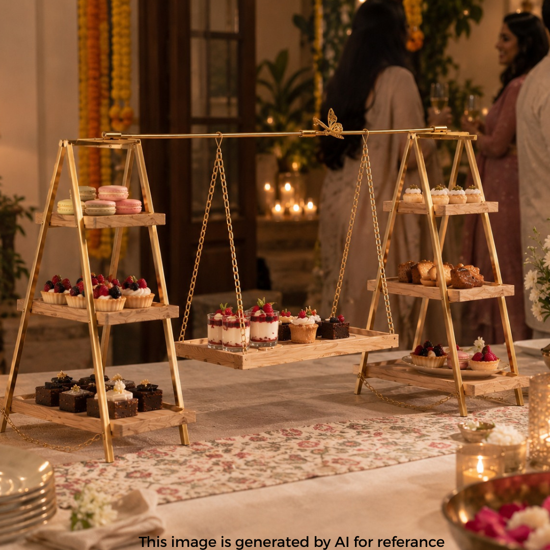 A decorative dessert display stand made of two wooden A-frame towers connected by a gold metal beam and hanging chains, holding assorted pastries, cupcakes, and small cakes in a warmly lit indoor event setting.