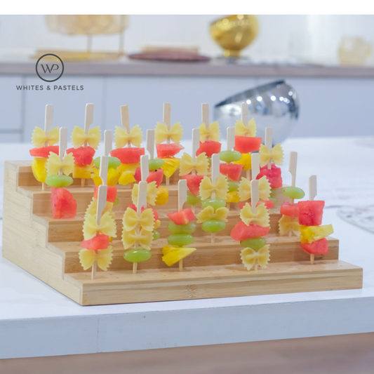 5-tier bamboo skewer stand with cocktail sticks for party display