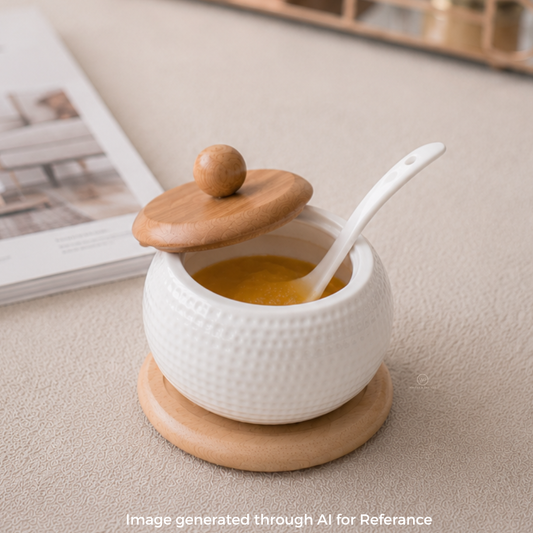Small Porcelain Ghee Sugar Jar with wooden base & Spoon