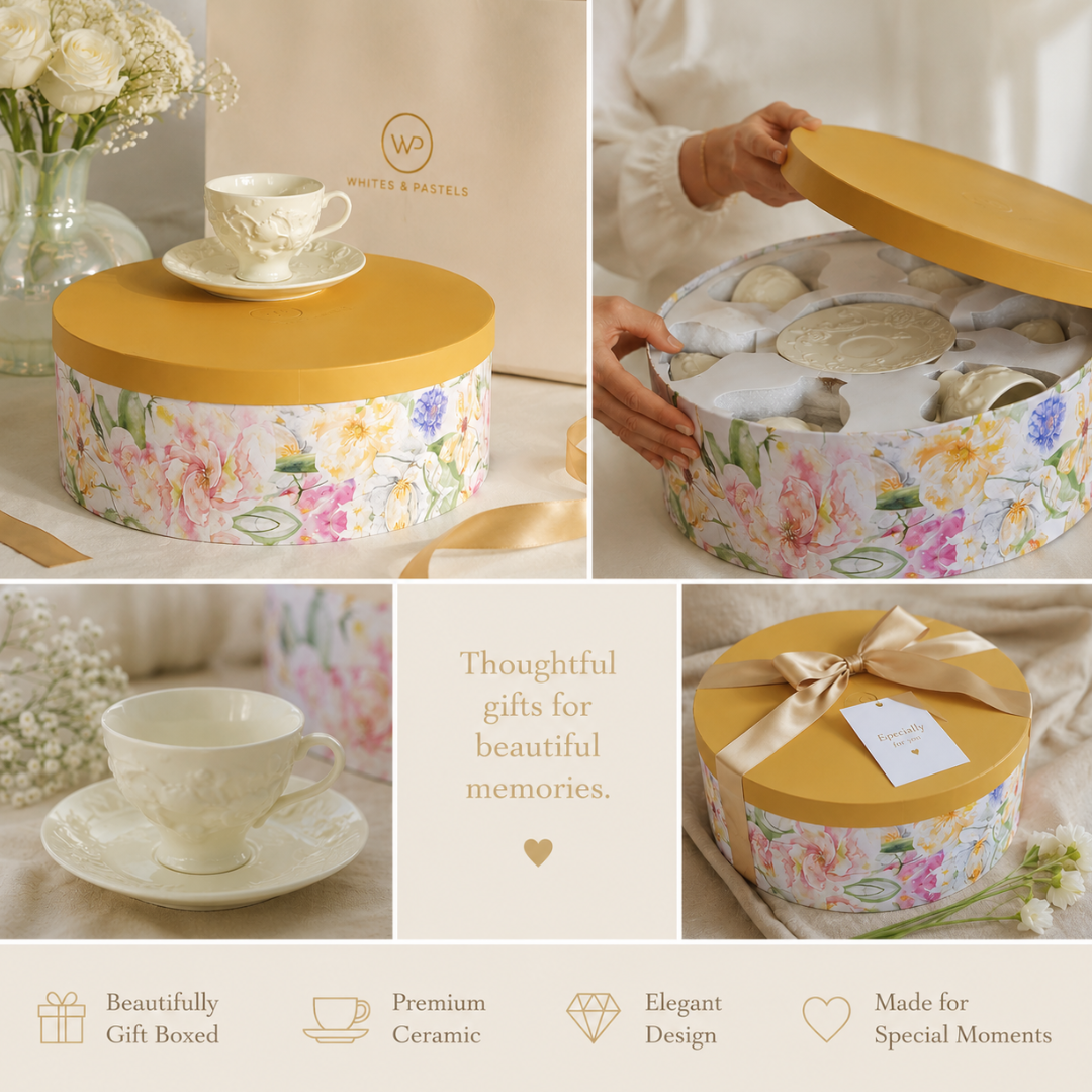 Luxury embossed white ceramic tea cup and saucer set of 6