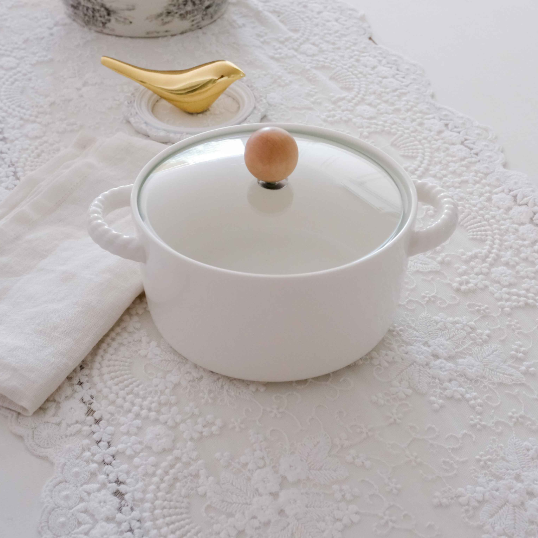 White Ceramic Serving Bowl with Glass Lid & Optional Stainless Steel Spoon – 1500 ml