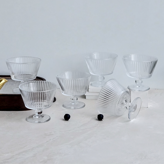 Elegant ribbed glass ice cream bowl set, perfect for weddings and housewarming gifts