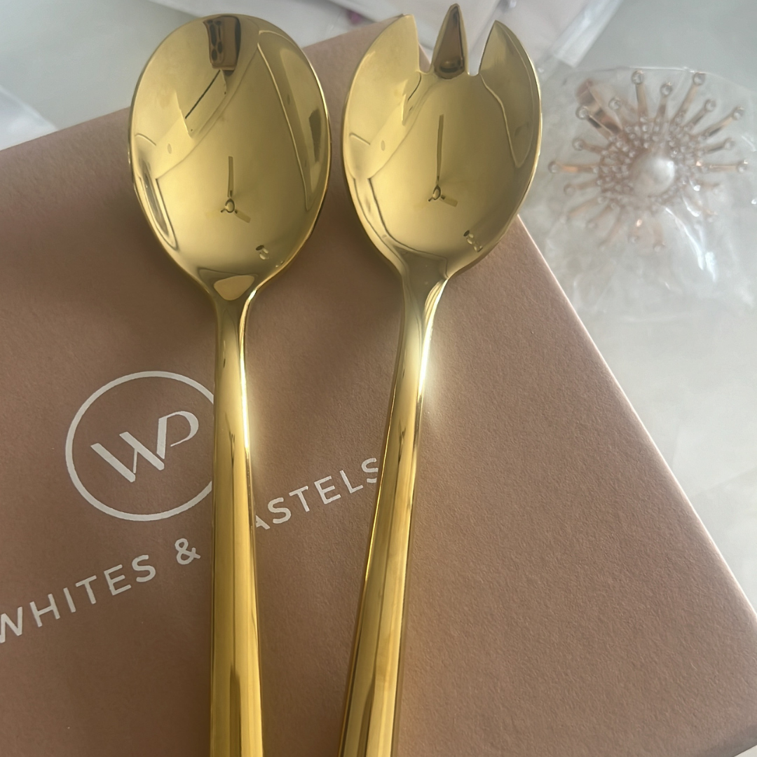 Serving Spoon and Serving Fork Set - Gold Stainless Steel