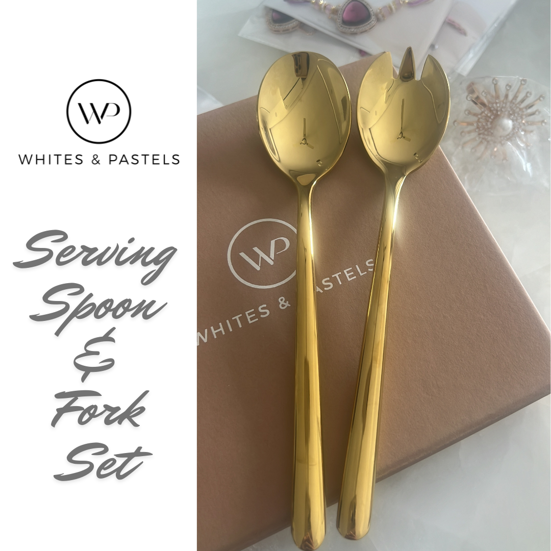 Serving Spoon and Serving Fork Set - Gold Stainless Steel