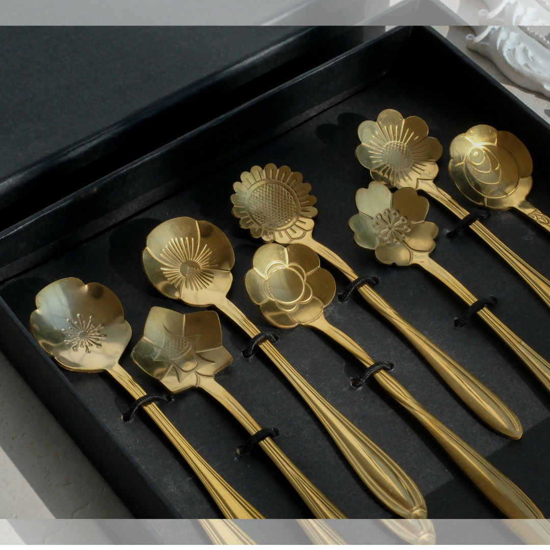 Set of 8 Gold Flower Dessert Spoons | Gift Box option
