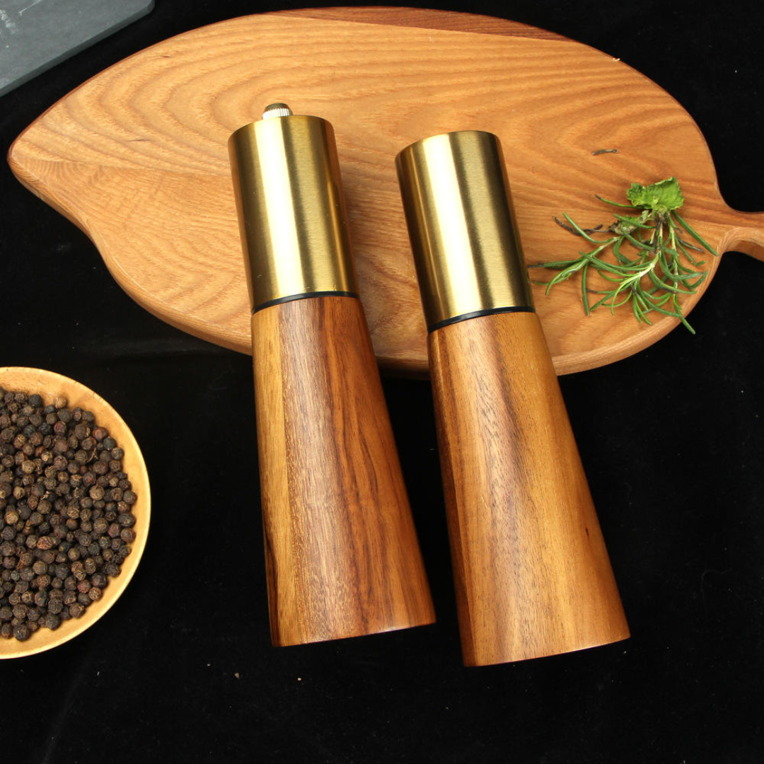 Salt Pepper Mill Grinder & Shaker Set with wooden Tray | Gold SS top