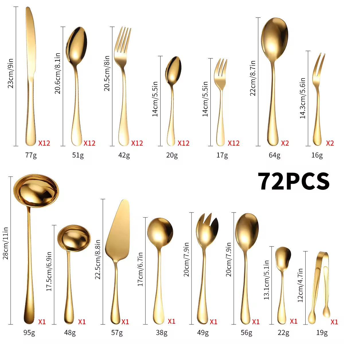 Elegant gold dinner spoons, forks and knives with matching serving utensils
