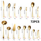 Elegant gold dinner spoons, forks and knives with matching serving utensils