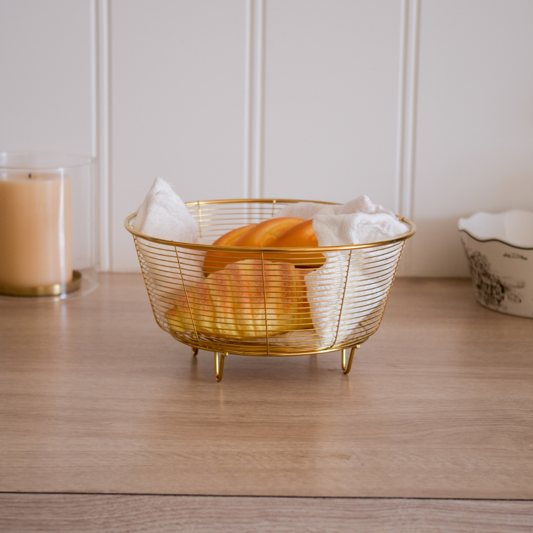 Gold metal bread serving basket for rolls and croissants