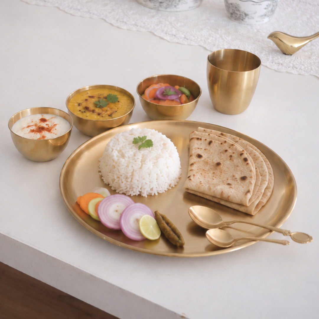 A gold-toned round serving platter styled with a mound of white rice, folded flatbread, sliced red onions, lime, and carrots, alongside three small gold bowls of curry and a gold cup on a white tabletop.