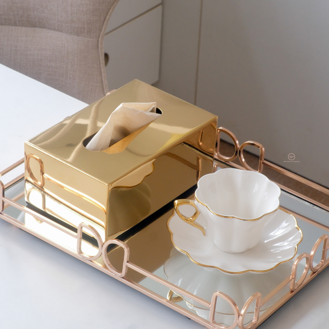 Glossy gold tissue box holder with luxury metallic finish