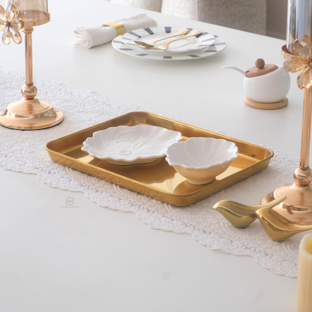 Decorative gold tray for festive table styling and serving