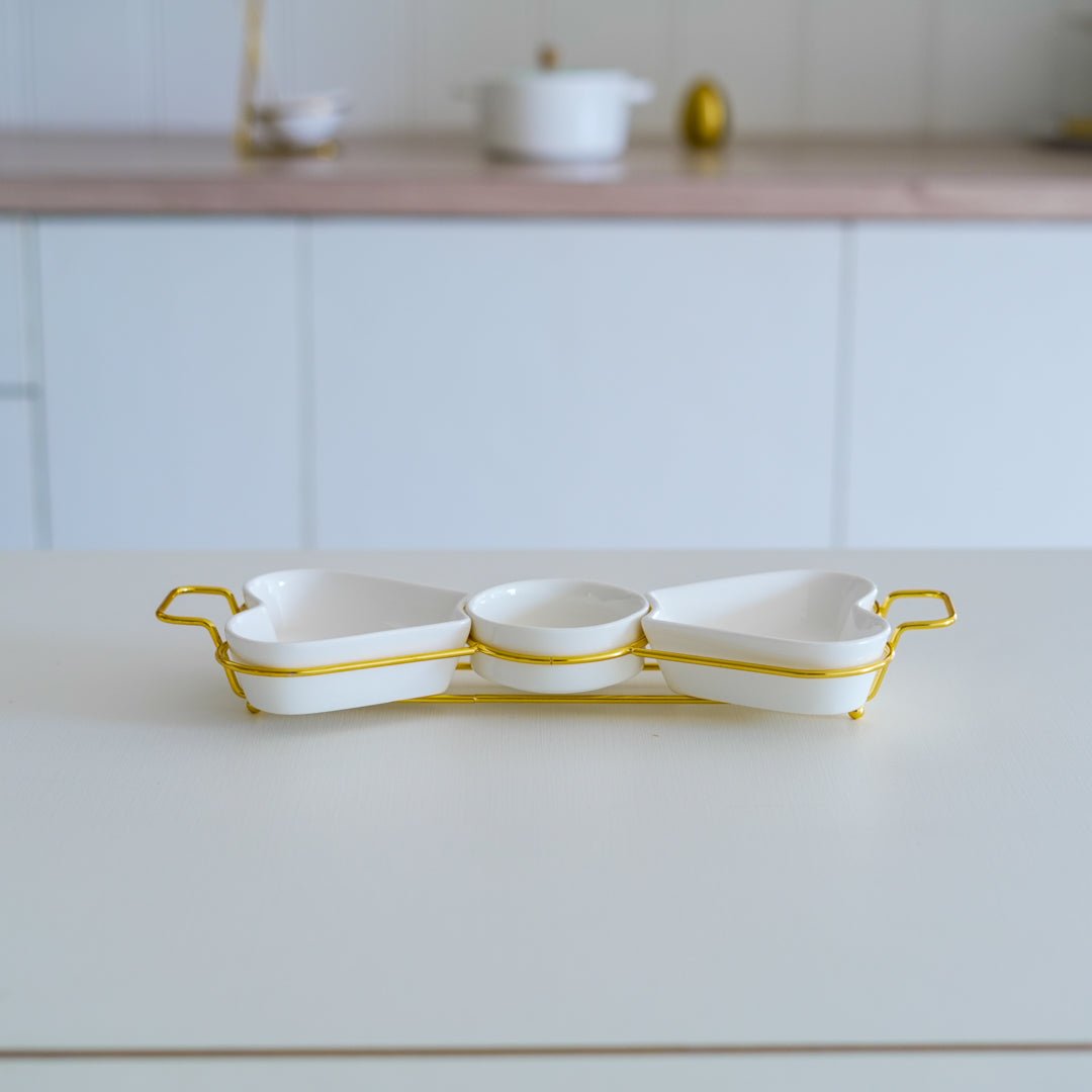 Gold Snack Tray with Heart Bowls – 4 Pcs Gift Set