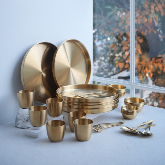 gold-thali-dinner-set-of-7-with-stainless-steel-thali-bowls-spoon-fork-and-glass