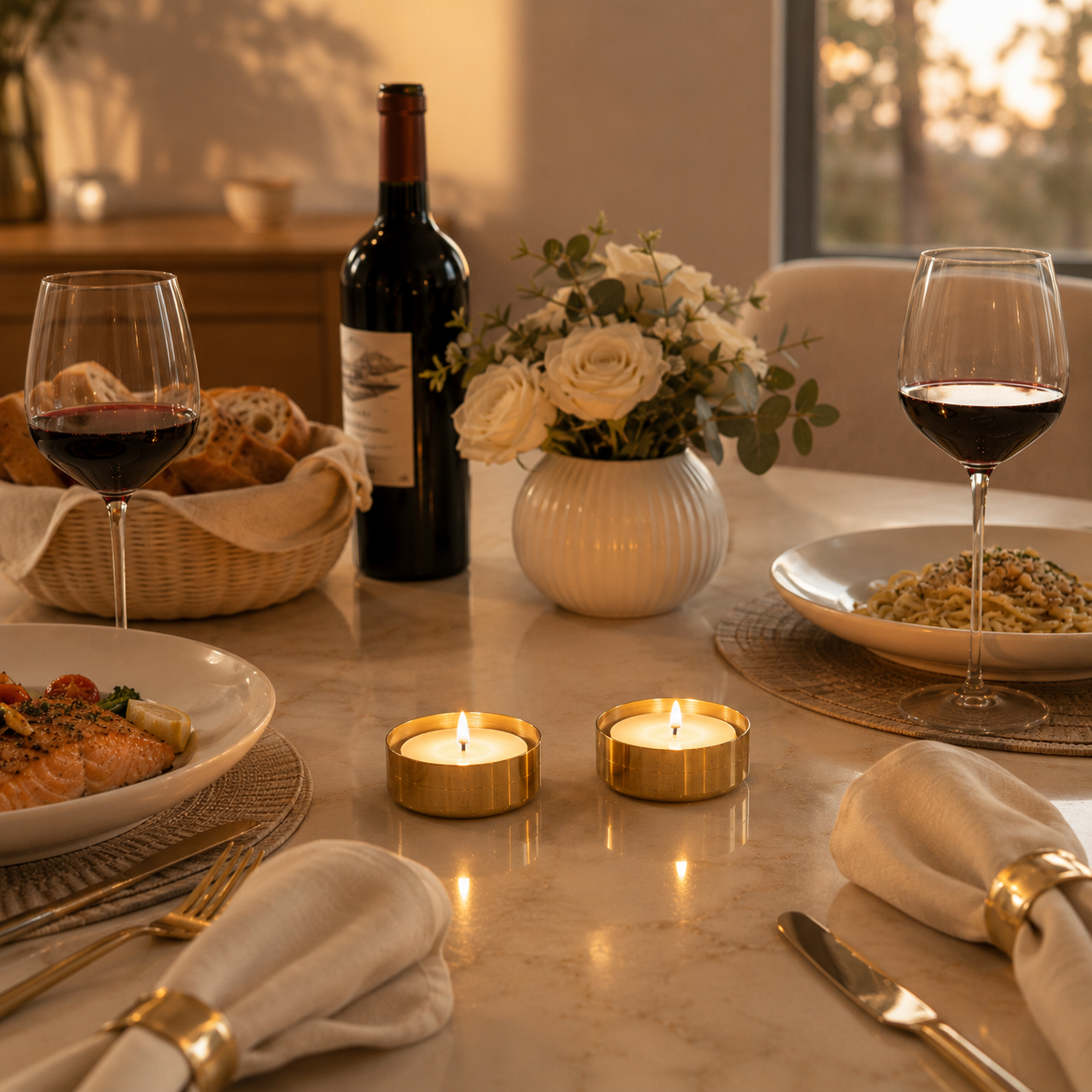 A warmly lit dining table set for two, featuring a bottle of red wine, two filled wine glasses, plates of food, a vase of white flowers, and two lit gold candle holders on a marble surface.