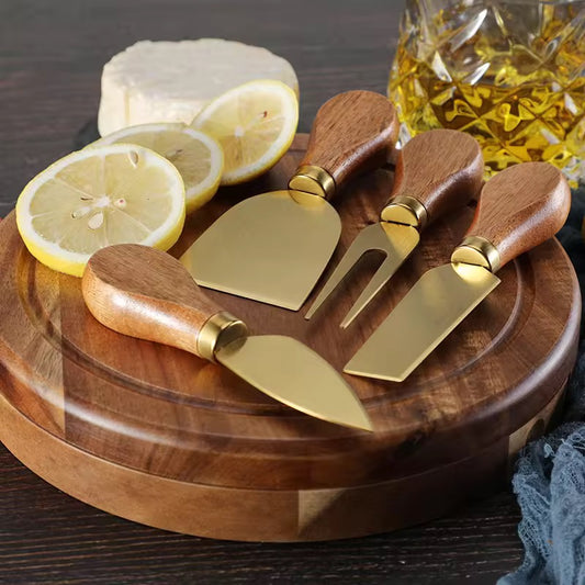 Stylish gold cheese knife set with rustic wooden handles – perfect for entertaining guests