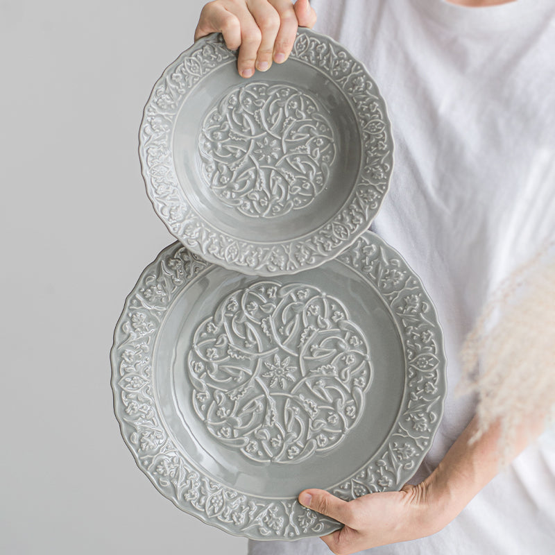 Deep Pasta & Soup Plate- Grey - 8 Inch - European Embossed Ceramic Series