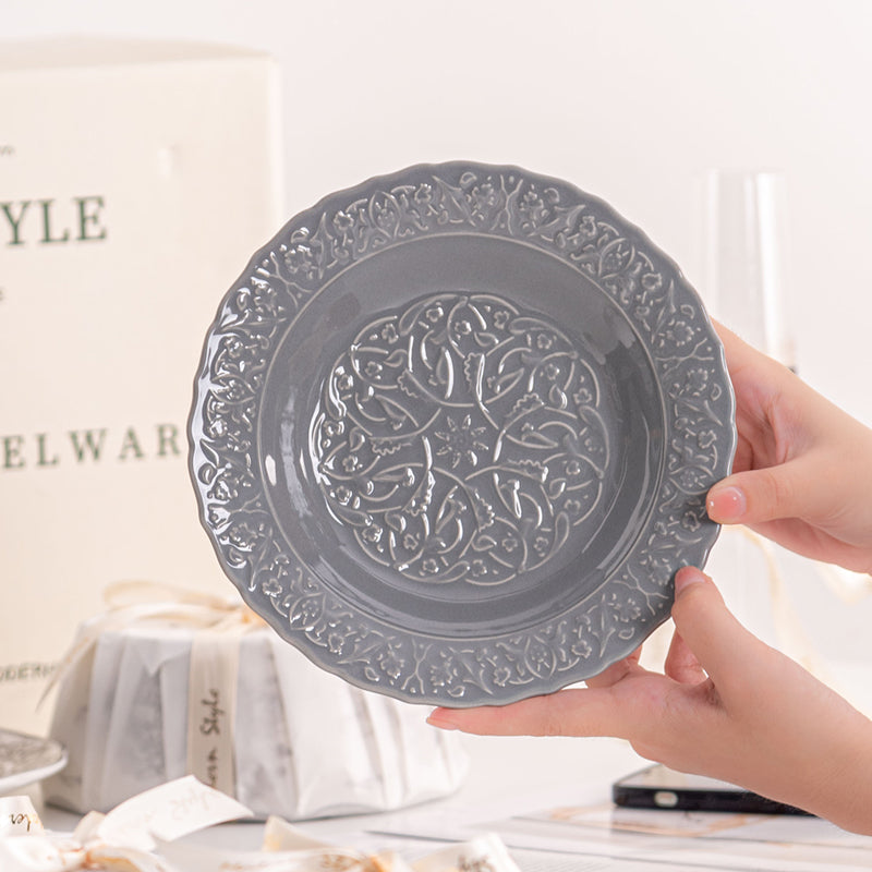 Deep Pasta & Soup Plate- Grey - 8 Inch - European Embossed Ceramic Series