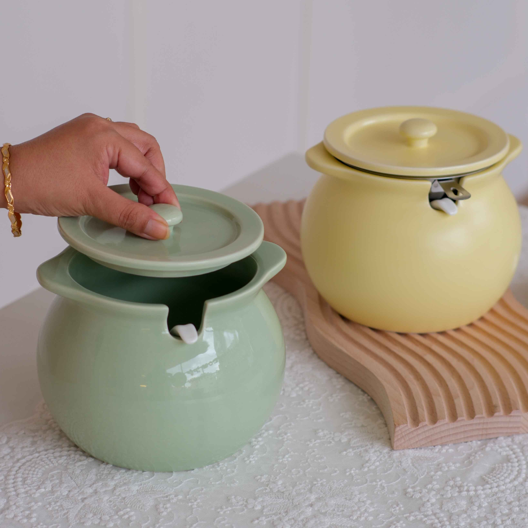 Green ceramic ghee pot for stylish and organised kitchen storage FOR HOT SOUP