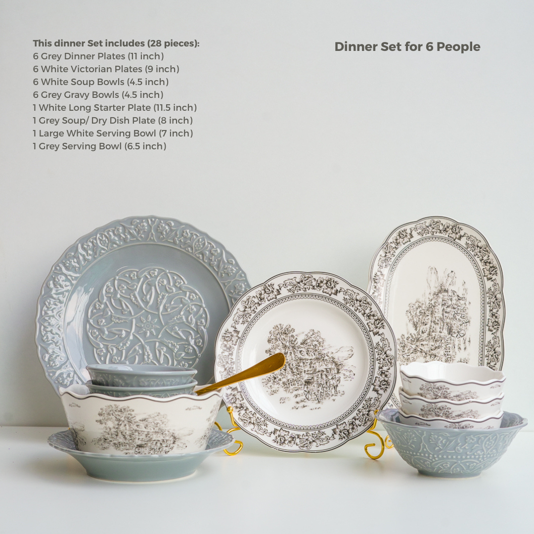 Grey and white ceramic dinner plates and bowls set