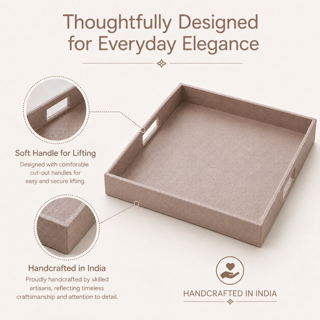 Handcrafted Indian rose gold serving tray with soft handles for gifting