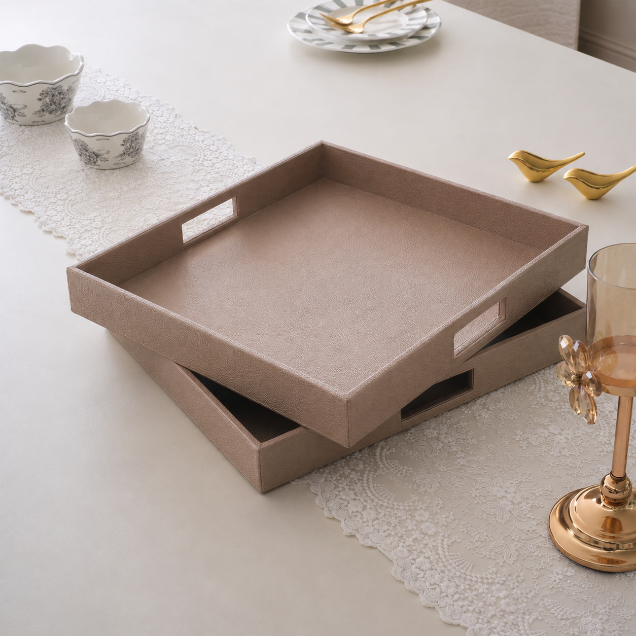 Handcrafted rose gold PU leather serving tray made in India