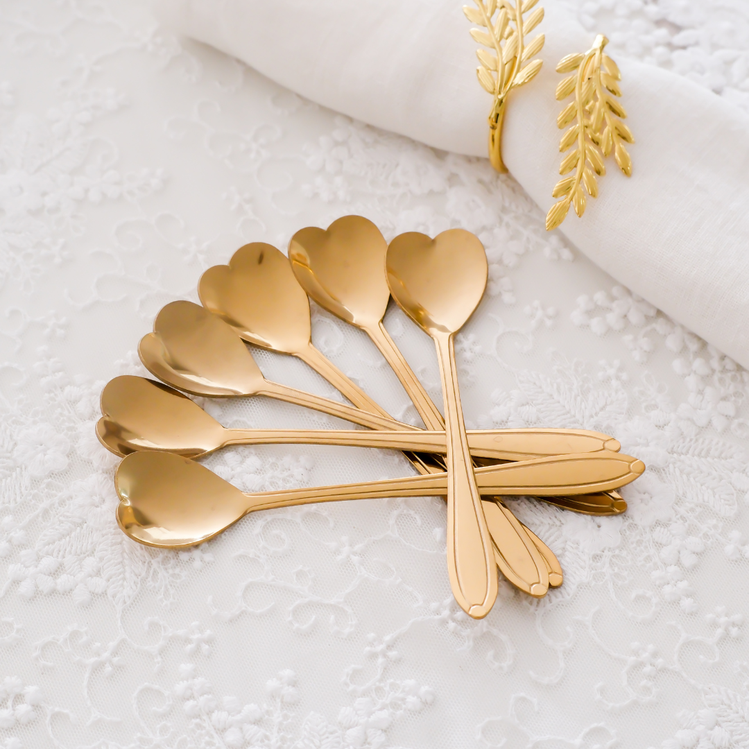 Dessert spoons - Heart Shape - Gold Tea Spoons 6 pcs