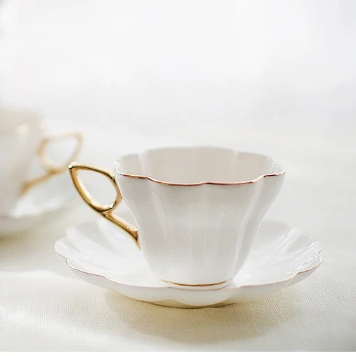 French White and Gold Tea Cup and Saucer Set - High-Quality Porcelain