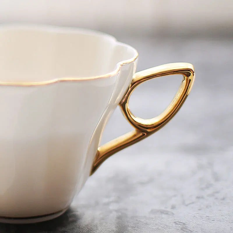 French White and Gold Tea Cup and Saucer Set - High-Quality Porcelain