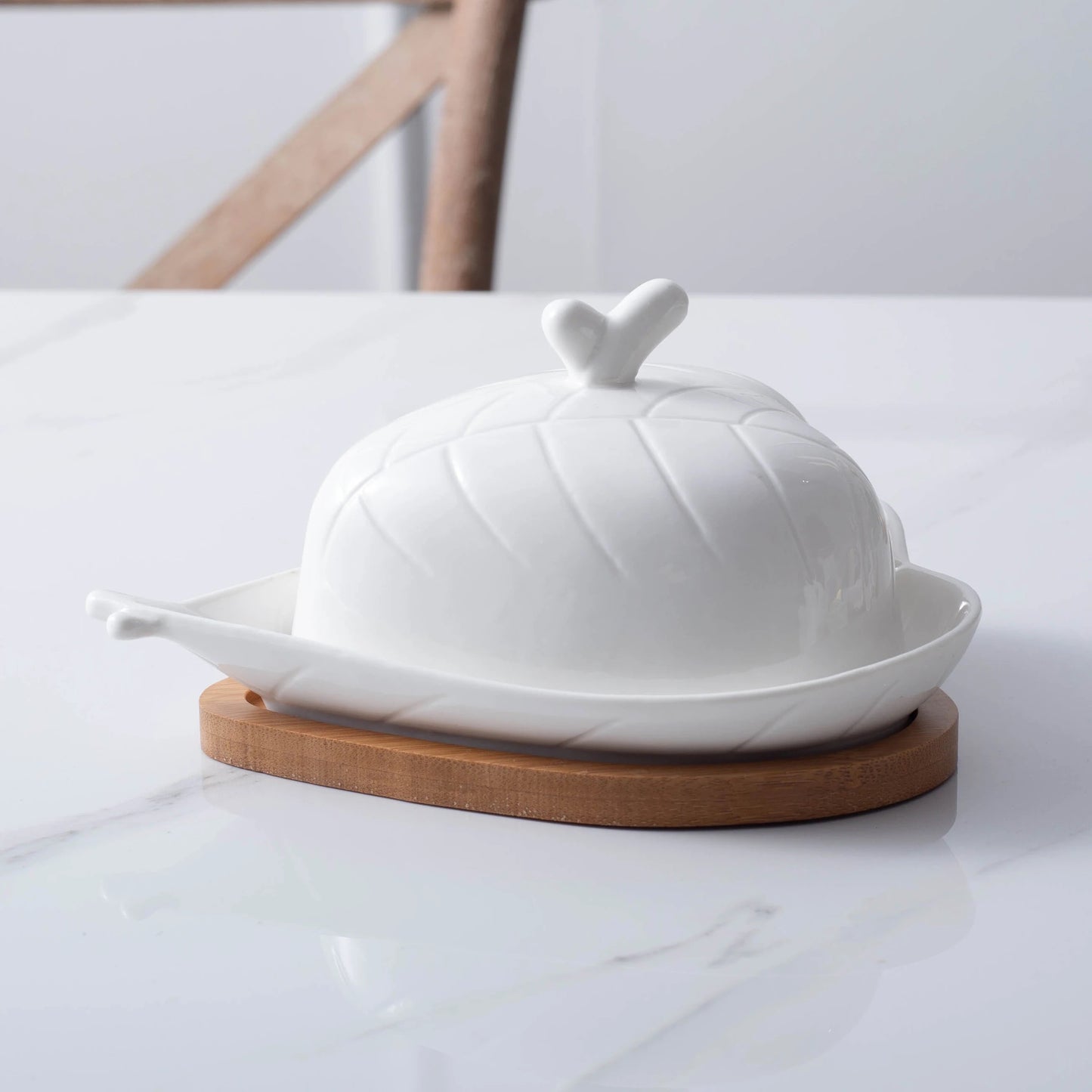 Porcelain Butter Dish with Lid and Wooden Base