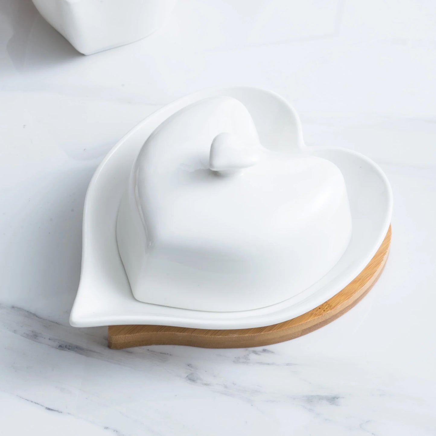 Porcelain Butter Dish with Lid and Wooden Base