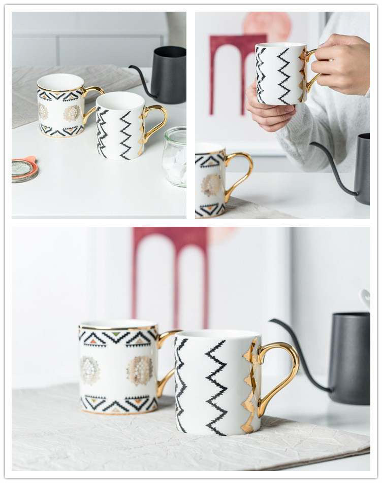 Coffee Mug with Gold Handle - Geometric