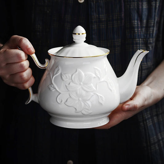 Ceramic Tea Pot Embossed - White
