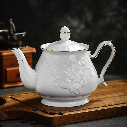 Ceramic Tea Pot Embossed - White