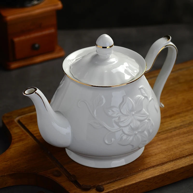 Ceramic Tea Pot Embossed - White