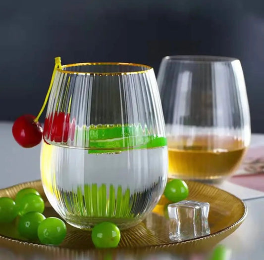 6-Piece Fluted Drinking Glasses Set - 420ml - Glassware with Gold Rim