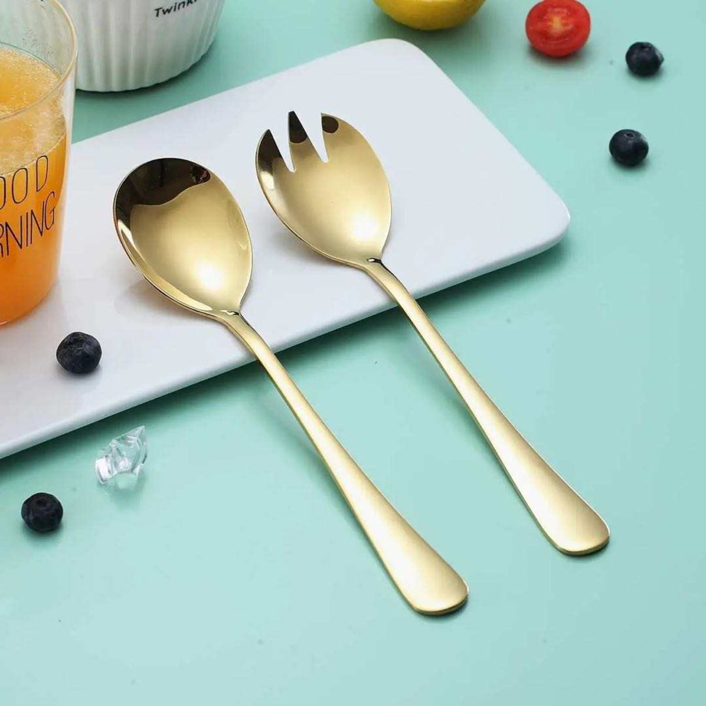 Gold Stainless Steel Serving Spoon and Fork Set