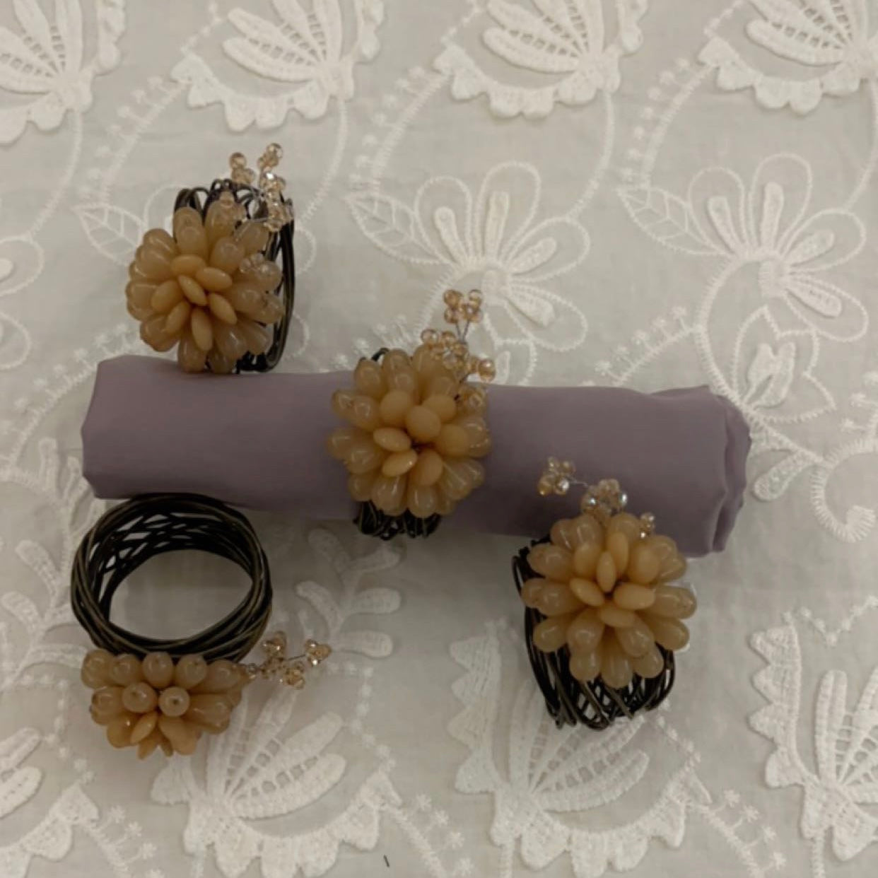 Napkin Rings with Stone Flower Accent - Pastel Pink