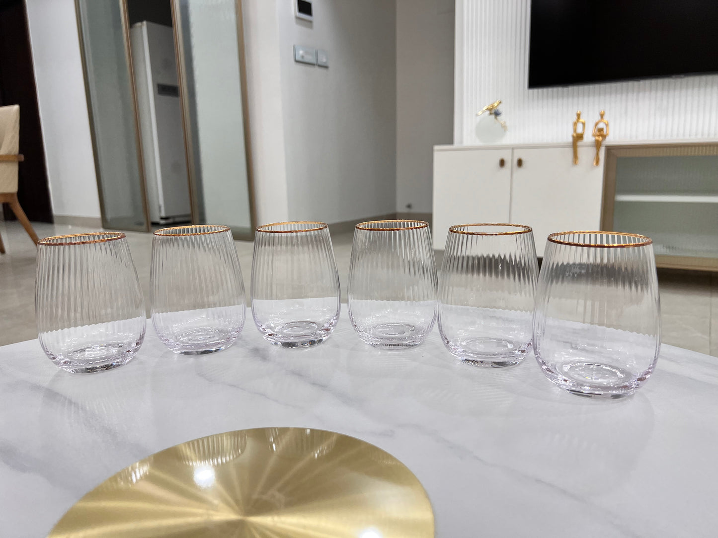 6-Piece Fluted Drinking Glasses Set - 420ml - Glassware with Gold Rim