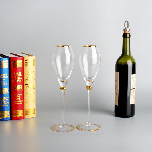 Premium Set of 2 Gold Rim Champagne Flutes with Gold Accents - 250ml